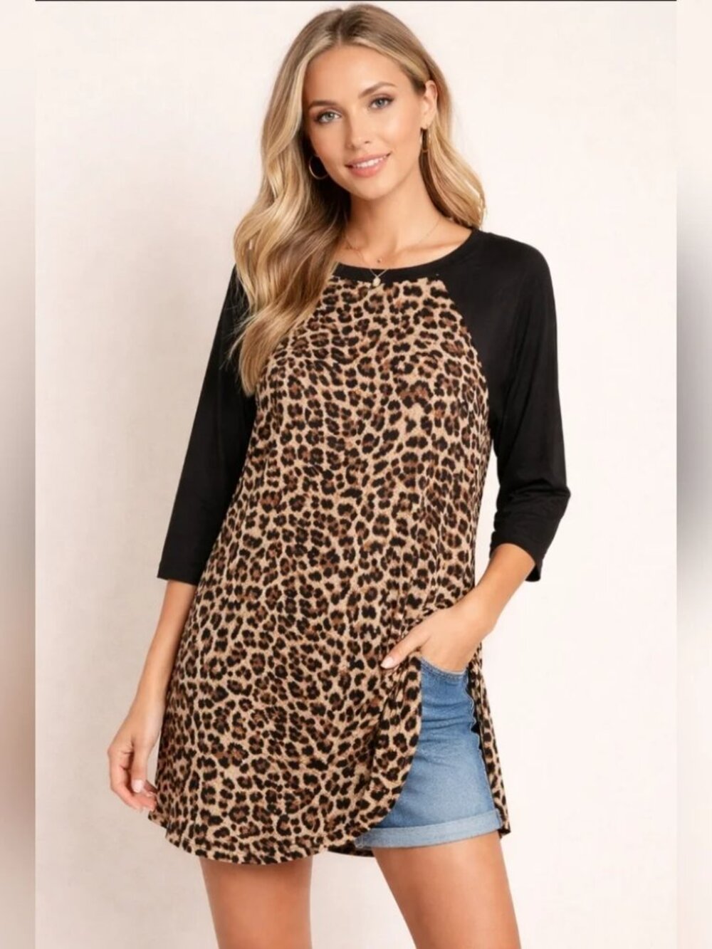 Women’s Leopard Print Long Tunic / Dress w/ Pockets Black & Brown – Size M??